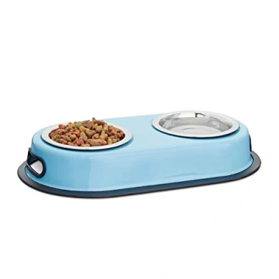 Imagen de Relaxdays Comedero Doble para Perros y Gatos, Acero Inoxidable, Azul, 5.5 x 33 18 cm