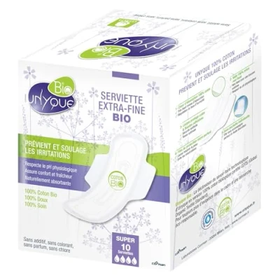 Imagen de UNYQUE Compresas Algodon Puro 100% Previene Irritaciones Hipoalergénicas Super Absorbentes Extrafinas y Con Alas Flujo Intenso Apta Pieles Sensibles 10 Unidades
