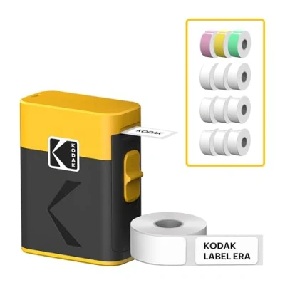 Imagen de KODAK New Label Era M50 Impresora instantánea de Etiquetas (Blanco, con 1 Rollo Autoadhesivo Etiqueta + 12 Rollos, Blanco 9 Rosa/Verde/Amarillo Cada uno)