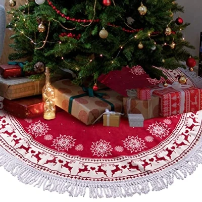 Imagen de UNOLIGA Falda Arbol Navidad Grande 127cm, Alfombra de Rojo, Cubre Pie Navidad, Manta Tapete Bajo Tapa Tela con Borla Reno Copo Nieve