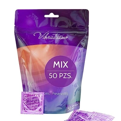 Imagen de VIBRATISSIMO condones Mix paquete de 50 mixto I sensitivos y extra húmedos bolsa preservativos grosor delgado aromatizados finos con textura estirada acanalado