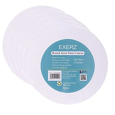 Imagen de Exerz Paneles de Lienzos 30cm diámetro redondo 6 piezas / 280GSM 100% Algodón/Color Blanco/Triple Preparado/Libre Acido/Hebra Media 0,3 cm Espesor (30cm piezas)