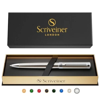Imagen de Scriveiner Bolígrafo de Bola Acero Inoxidable Impresionante Boli Lujo con Acabado Inoxidable, Recarga Negra Schmidt Set Regalo para Mujer y Hombre, Profesional, Oficina, Estudiar