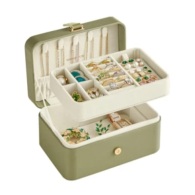 Imagen de SONGMICS Caja Joyero de Viaje, Joyas Pequeña, 2 Niveles, Portátil, para Accesorios Grandes, 11 x 16 8 cm, Idea Regalo, Verde Laurel JBC166C02