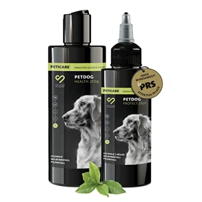 Imagen de Peticare Set para Cuidado del Perro picazón ácaros pulgas Hongos loción 100 ml &amp; champú 250 el Olor desagradable Pelaje fórmula de eficaz 2135