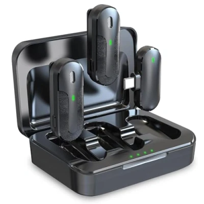 Imagen de Technaxx TX 301, set de mini micrófonos inalámbricos duales 2 solapa con reducción ruido inteligente, receptor USB C, estuche carga y pinza Ideal para podcasting