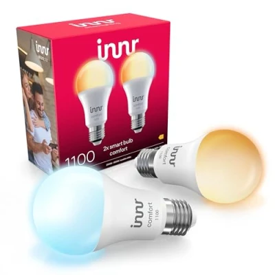 Imagen de innr Bombilla Inteligente E27 LED, Luz Blanca Cálida a Fría, Compatible con Hue*, Alexa, Amazon Echo (4ª gen), LED Zigbee, Regulable, 1190 lúmenes 2 Pack