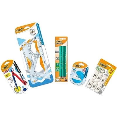 Imagen de BIC Set Accesorios Colegio con 1 Compás de Aprendizaje, 3 Instrumentos Trazado, 10 Lápices Grafito, Sacapuntas y 6 Gomas, Pack 21