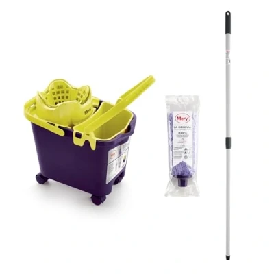 Imagen de Mery Set Cubo con Fregona y Palo, Escurridor automático Ruedas Cubeta Multiusos Morado Lima, 14 L, Microfibra Absorbente, Rosca Universal, Palo Telescópico de Acero Plastificado
