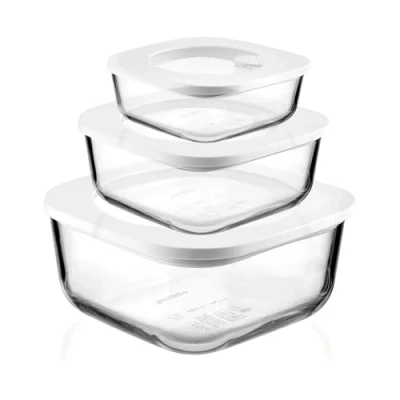 Imagen de Guzzini Kitchen Active Design, STORE&amp;MORE GLASS Juego de 3 Recipientes Vidrio Herméticos para Nevera/Freezer/Microondas Transparente, 19,5x19,5xh9,3 cm 410/965/1900 cc 11330311