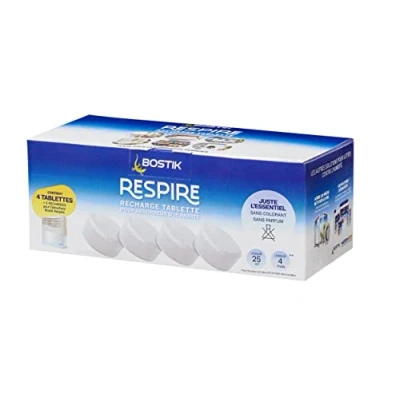 Imagen de Bostik RESPIRE 4 Recargas Tabletas Deshumidificador, Sin Colorante ni Perfume Casa, Apartamento y Caravana, Piezas de hasta 25 m², tabs x 250 g Absorbente Humedad 30623618 Blanco