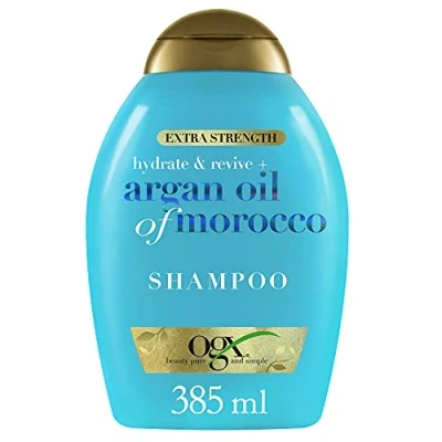 Imagen de OGX Extra Strength Hydrate and Revive Argan Oil of Morocco Shampoo (385 ml), champú con aceite de argán Marruecos, sin sulfatos ni parabenos para cabello seco y dañado