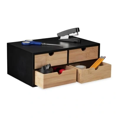 Imagen de Relaxdays Organizador de Escritorio con 4 Cajones, Bambú Veteado y MDF, para Oficina, 13,5 x 33 21 cm, Natural Negro, Tablero Fibras