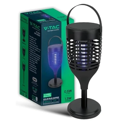 Imagen de V TAC Lampara Antimosquitos Portátil Recargable con Panel Solar o Puerto USB C Diseño Innovador 3 en 1 Mosquitera Eléctrica UV para Uso Interiores, Exteriores, Jardín Trampa Insectos