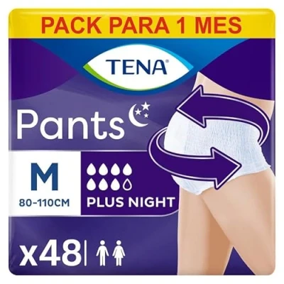 Imagen de Tena Pants Plus Night, talla mediana (M), paquete de reserva mensual, bragas absorbentes, elásticas y desechables, para pérdidas urinarias, unisex, discretas cómodas, 4 paquetes x 12 unidades