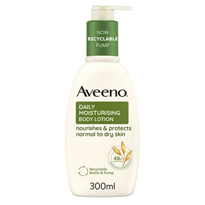 Imagen de Aveeno Daily Moisturising Body Lotion (300 ml), crema hidratante corporal de absorción rápida con avena y manteca karité, loción para piel seca