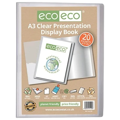Imagen de eco Eco100 Cuaderno de presentación transparente 20 bolsillos, tamaño A3, 50% reciclado, con fundas plástico