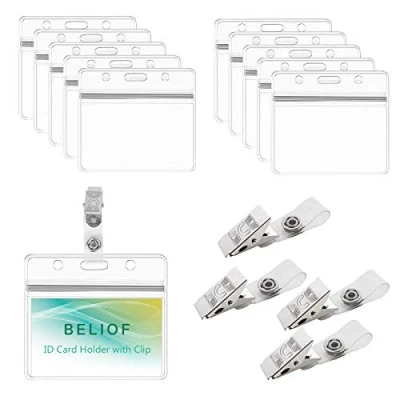 Imagen de BELIOF 50 juegos de clip insignia y portatarjetas transparente para colgar tarjetas identidad Herramientas estudiante Carretes enfermera con correa