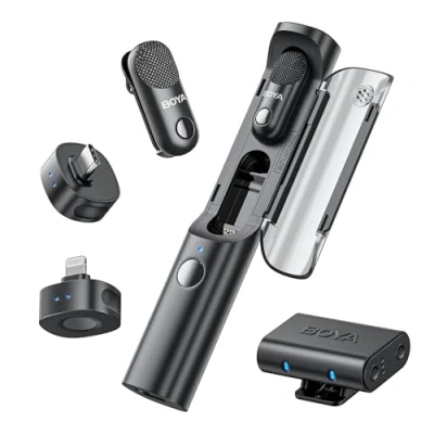 Imagen de BOYA Magic Micrófono inalámbrico para iPhone 15 16/Android/PC/Cámara Diseño 4 en 1 de Solapa 30 Horas duración 48 kHz/24 bits Escritorio/Mano Reducción Ruido IA