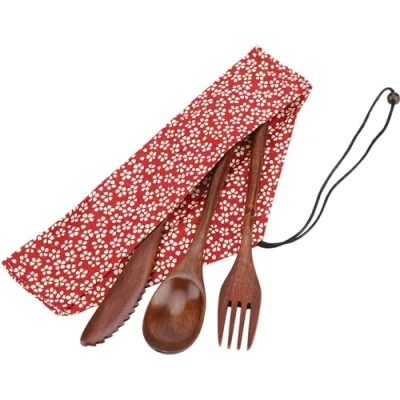 Imagen de Juego de Vajilla bambú Estilo japonés Cubiertos reutilizables viaje camping Cuchillo madera natural Tenedor Cuchara (Con bolsa almacenamiento)