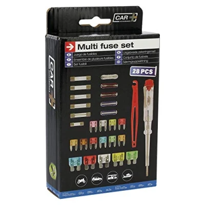 Imagen de Sumex Juego de Fusibles para Coche 28 Piezas Fusible Vidrio, Barril Cuchilla 2 Amperios a 30 A. con Destornillador Detector Voltaje y Extractor Fusibles.
