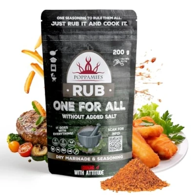 Imagen de Poppamies One for All BBQ Rub Sazonador Multiusos 100% Natural y Universal Perfecto para Platos de Res Cerdo, Pollo Pescado Verduras Úsalo en la Parrilla Gran Pack (200g)