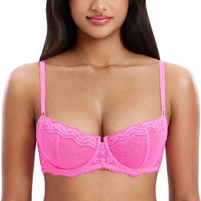 Imagen de DOBREVA Sujetador Balconette Transparente con Aros y Encaje Sexy Sin Forro para Mujer Rosa Neón 90D