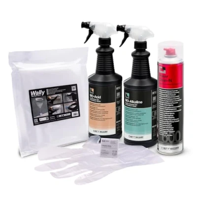 Imagen de ERRECOM Kit limpieza aire acondicionado, funda protectora Wally y aerosol unidad interna 600mL, Bio Ácido Alcalino de 2L con biotensioactivos para externa, guantes