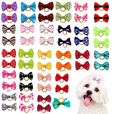 Imagen de BIPY 25 Pares/Paquete de Arcos Pelo para Mascotas con Bandas Goma Perros pequeños, Gatos, Cachorros, moño, Surtido, Trajes Aseo, Colores aleatorios