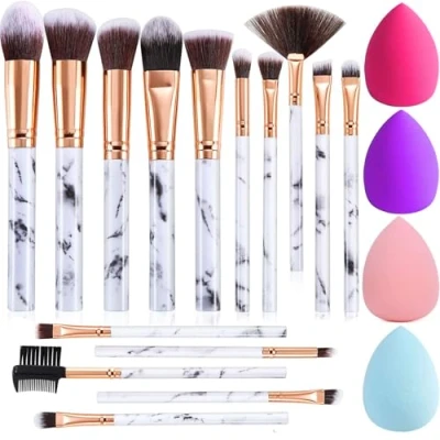 Imagen de brochas de maquillaje FILY DUAIU 15PCs Marble Pinceles rubor, contorno, base, corrector, sombra ojos con esponja