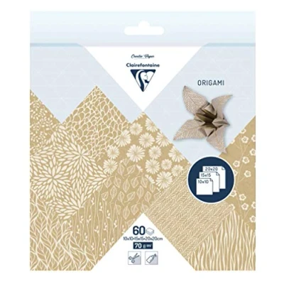 Imagen de Clairefontaine 95355C 60 hojas de papel Origami 70 g/m², 3 tamaños: 10 x cm, 15 20 diseños colores surtidos (2 por tamaño), creativo, Kraft floral