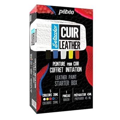 Imagen de PEBEO Kit Setacolor cuero Pintura acrílica y rotulador para polipiel Personalización de bolso, zapato, zapatilla Resistente a arañazos, arrugas abrasión Set principiantes