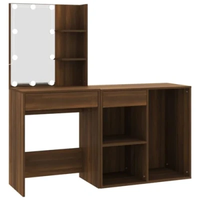 Imagen de vidaXL Tocador LED y Armario Mueble Espejo Mesa Maquillaje Cajones Almacenamiento Bombillas Dormitorio Madera Contrachapada Marrón Roble