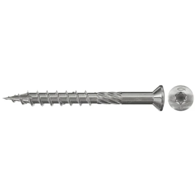 Imagen de fischer Tornillos para terrazas de 5 x 60 pulgadas, cabeza avellanada parcialmente roscada, acero inoxidable A2, estrella interior, Torx atornillar tablones patio en subestructuras madera,