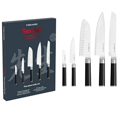 Imagen de Fiskars Set de cuchillos, Sensei, 5 piezas, Cuchillo chef, pan, Santoku, verduras, para pelar, Acero inoxidable con alto contenido carbono/plástico, 1025845