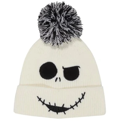 Imagen de Heroes Inc Pesadilla Antes de Navidad Beanie Pom Jack Face Jumbo Gorra, Color Blanco, Talla única Unisex Adulto