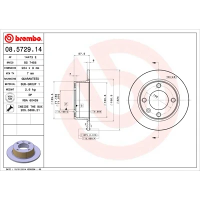 Imagen de BREMBO 08.5729.14 Disco de freno 224 9 4 macizo con tornillos CITROËN: Xantia Hatchback, Familiar