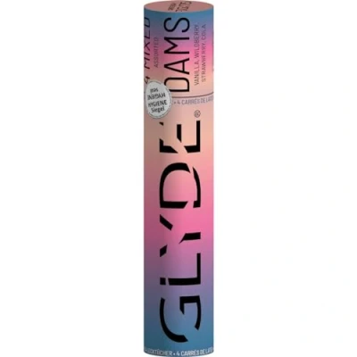 Imagen de Glyde Dams Mix 4 paños protectores de látex colores con aroma (cola, fresa, vainilla, bayas silvestres), Amarillo, morado, rosa, negro, 25cm x 15cm