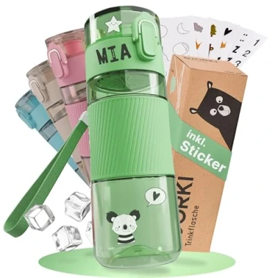 Imagen de BJORKI Cantimplora infantil a prueba de fugas, 350 ml, incluye pegatina para el nombre, botella pequeña guardería, apta bebidas carbonatadas y lavavajillas, robusta agua