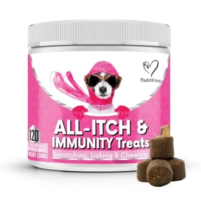 Imagen de NutriPaw Golosinas de inmunidad para perros todo tipo picazón, alivia la picazón patas, ojos, orejas y piel, deja picar, lamer rascarse, perfecto pequeños, medianos