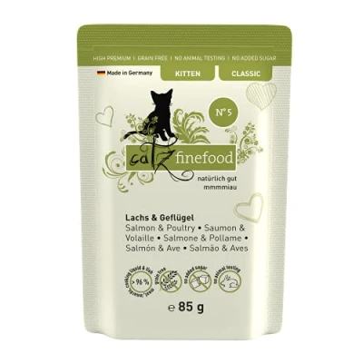 Imagen de catz finefood Kitten No. 5 Comida húmeda para Gatos, salmón y Aves de Corral, Gatos jóvenes, sin Cereales azúcar, con Alto Contenido Carne (16 Bolsas 85 g)