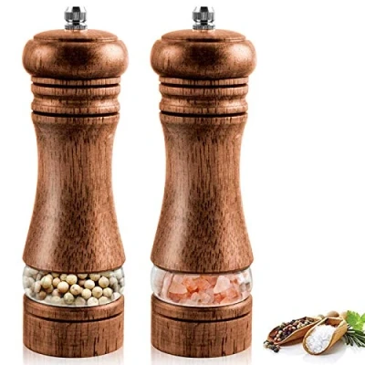 Imagen de Molinillo Pimienta Madera, 2PCS Sal y Manual con Ventana Acrílica Transparente, Especias Fuerte Amoladora de Cerámica Ajustable, Molino Rellenable (16.5cm)