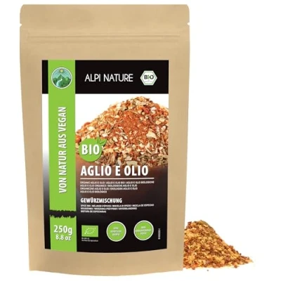 Imagen de especias orgánicas Aglio e Oglio, mezcla de orgánicas, para pasta, 100% naturales, ingredientes orgánicos, condimento espaguetis sin aditivos artificiales (250 GR)