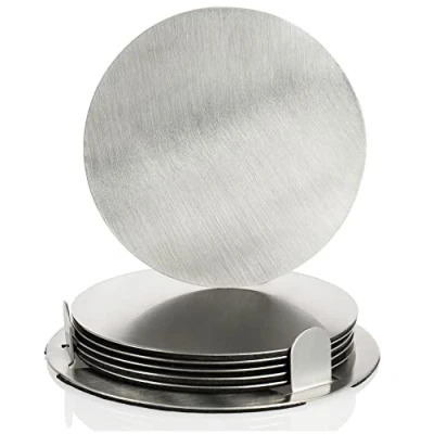 Imagen de com four® Juego de Posavasos 7 Piezas con Soporte Acero Inoxidable para Bebidas Redondos Color Plateado (007 Plata)