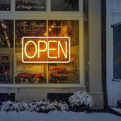 Imagen de SOLIDEE LED Abierto Luminosos de neon alimentado por USBLetrero con interruptor regulable Luz neón para decorar Bar Hotel Tienda Café Restaurante Letrero(blanco cálido)