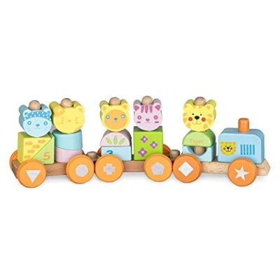 Imagen de Navaris Tren de Madera para niños Tranvía bebé con Cordel Arrastre 3 vagones y 15 Piezas Jugar Ferrocarril Juguete Ruedas