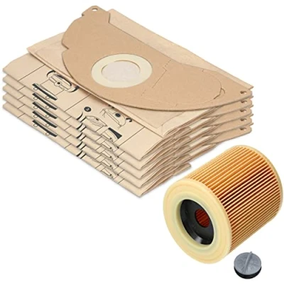 Imagen de 10 bolsas de aspiradora + 1 filtro para aspiradoras Kärcher A2003, A2004, A2014 CarVac, A2024 PT, A2054 ME, A2064 A2704 polivalentes, en seco y húmedo