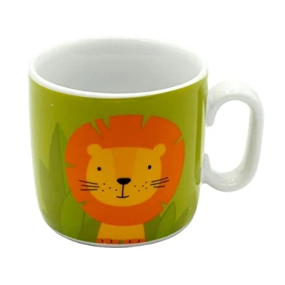 Imagen de Dekohelden24 Taza infantil con asa, león y texto en alemán Mutig &amp; Wild/H/Ø aprox. 6,8 x 7,4 cm, capacidad 150 ml, porcelana, 940334