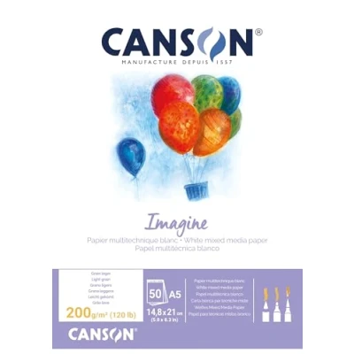 Imagen de Canson Imagine, Papel Mixed Media, Grando ligero, 200g, Encolados por el lado corto, A5 14,8x21cm, Blanco natural, 50 Hojas
