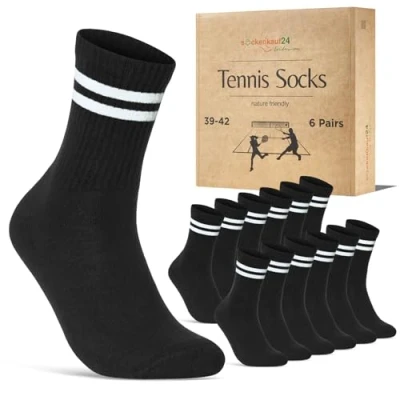 Imagen de sockenkauf24 Calcetines Deportivos Mujer Tenis Performance Crew Socks 6 Pares Acolchados Transpirables Estilo Retro 70107T (Negro Rayas 35 38)